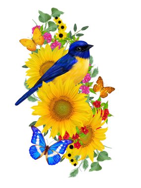 mavi kuş parlak kırmızı çiçekler, sarı ayçiçeği, yeşil yaprakları, güzel kelebekler bir kolu üzerinde oturur. Beyaz arka plan üzerinde izole. Çiçek kompozisyon.