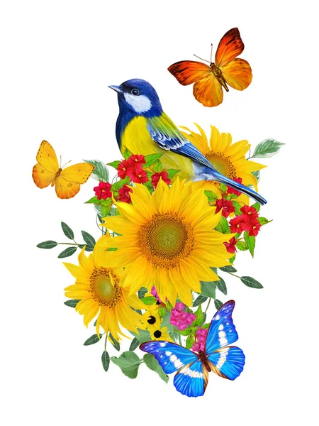 青い鳥は 明るい赤の花 黄色のヒマワリ 緑の葉 美しい蝶の枝に座っています 白い背景上に分離 花の組成 — ストック写真