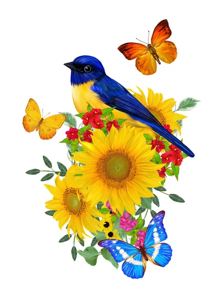 Blue Bird Sits Branch Bright Red Flowers Yellow Sunflowers Green — Stock Photo, Image