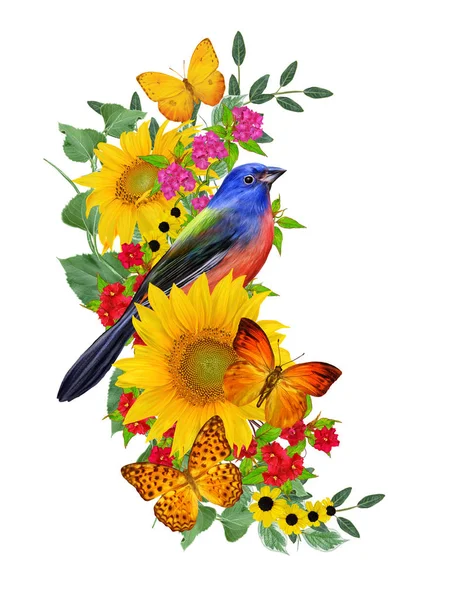 Niebieski Ptak Siedzi Gałęzi Jasne Czerwone Kwiaty Żółte Słoneczniki Zielonych — Zdjęcie stockowe