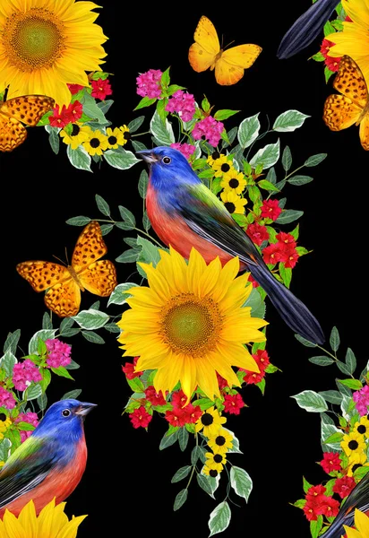 Motif Floral Sans Couture Oiseau Bleu Est Assis Sur Une — Photo