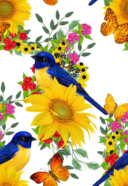 Motif Floral Sans Couture Oiseau Bleu Est Assis Sur Une — Photo