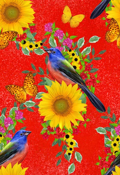 Motif Floral Sans Couture Oiseau Bleu Est Assis Sur Une — Photo