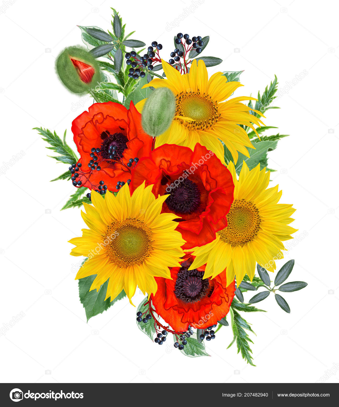 Flower Composition Bouquet Yellow Sunflowers Bright Crimson