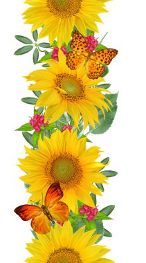 Floral seamless pattern. Vertical border. Garland of sunflowers, green leaves, bright flowers, butterflies clipart