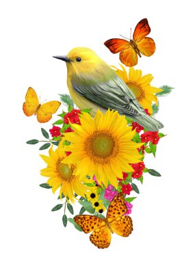 kuş parlak kırmızı çiçekler, sarı ayçiçeği, yeşil yaprakları, güzel kelebekler bir kolu üzerinde oturur. Beyaz arka plan üzerinde izole. Çiçek kompozisyon.