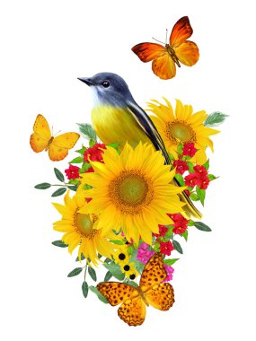 kuş parlak kırmızı çiçekler, sarı ayçiçeği, yeşil yaprakları, güzel kelebekler bir kolu üzerinde oturur. Beyaz arka plan üzerinde izole. Çiçek kompozisyon.