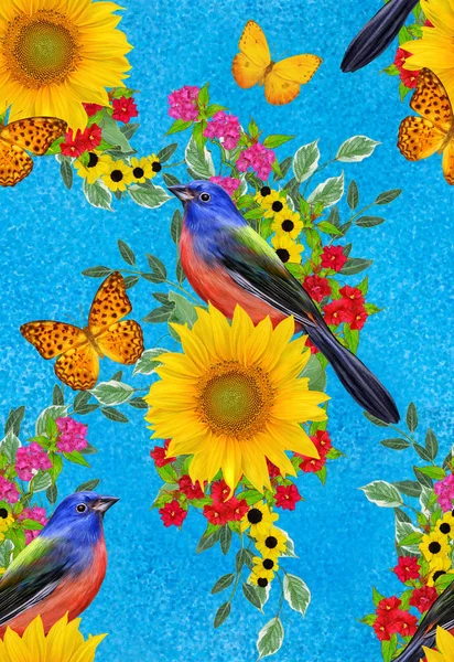 Motivo Floreale Senza Cuciture Uccello Blu Siede Ramo Fiori Rosso — Foto Stock