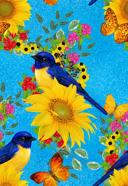 Padrão Floral Sem Costura Pássaro Azul Senta Ramo Flores Vermelhas — Fotografia de Stock