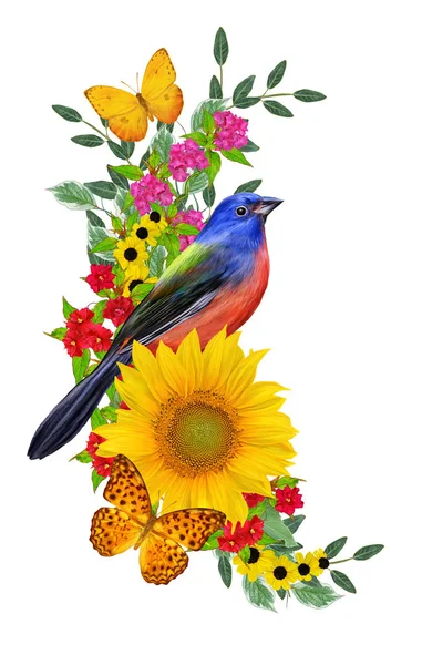 Blue Bird Sits Branch Bright Red Flowers Yellow Sunflowers Green — Stock Photo, Image