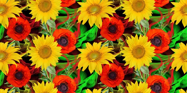 Motivo Floreale Senza Cuciture Girasoli Gialli Foglie Verdi Fiori Brillanti — Foto Stock