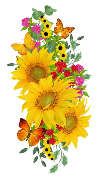 Σύνθεση Λουλουδιών Ένα Μπουκέτο Από Ηλιοτρόπια Κίτρινο Φωτεινό Πορφυρά Λουλούδια — Φωτογραφία Αρχείου