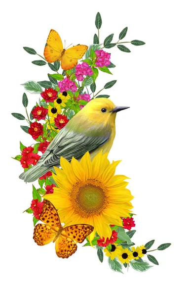 Fågeln Sitter Gren Ljusa Röda Blommor Gula Solrosor Gröna Blad — Stockfoto