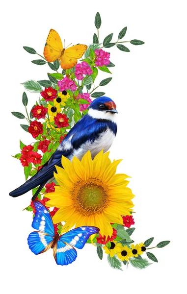 Ластівка Птах Сидить Гілці Яскраво Червоних Квітів Жовтих Соняшників Зеленого — стокове фото