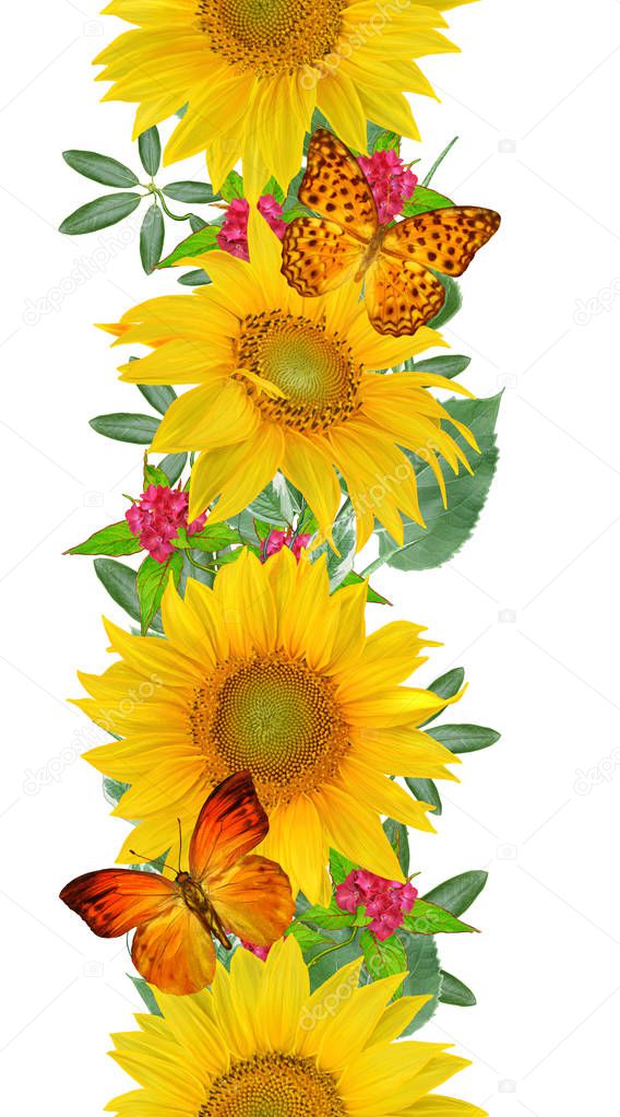 Floral seamless pattern. Vertical border. Garland of sunflowers, green leaves, bright flowers, butterflies