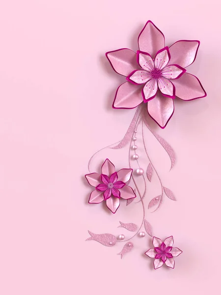 レンダリング ライラック ピンクの紙の花 植物のデザイン フラワーアレンジメント 壁の装飾 はがきの組成 — ストック写真