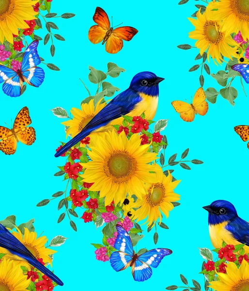 Motif Floral Sans Couture Oiseau Bleu Est Assis Sur Une — Photo