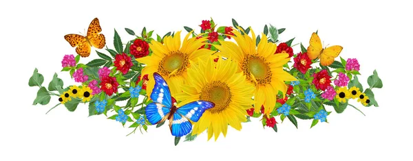 Blütenkomposition Ein Strauß Gelber Sonnenblumen Leuchtend Purpurrote Blüten Grüne Blätter — Stockfoto
