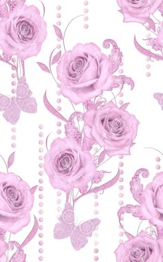 Seamless modeli. Dekoratif dekorasyon, desenli eleman, hassas dokulu yaprak güzel dantel ve inci yapılmış. Parlak bukleler, bud pastel pembe Gül jeweled. Hassas dokuma Ajur.