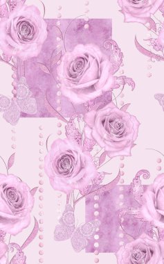 Seamless modeli. Dekoratif dekorasyon, desenli eleman, hassas dokulu yaprak güzel dantel ve inci yapılmış. Parlak bukleler, bud pastel pembe Gül jeweled. Hassas dokuma Ajur.