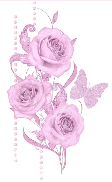 装饰装饰 佩斯利元素 精致的纹理叶子制成的精美花边和珍珠 宝石闪闪发亮的卷发 线从珠子 芽粉彩粉红色的玫瑰 镂空编织精致 — 图库照片