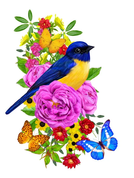 Bird Sits Branch Bright Red Flowers Lilac Roses Green Leaves — Stock Photo, Image