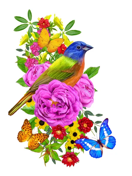 Bird Sits Branch Bright Red Flowers Lilac Roses Green Leaves — Stock Photo, Image