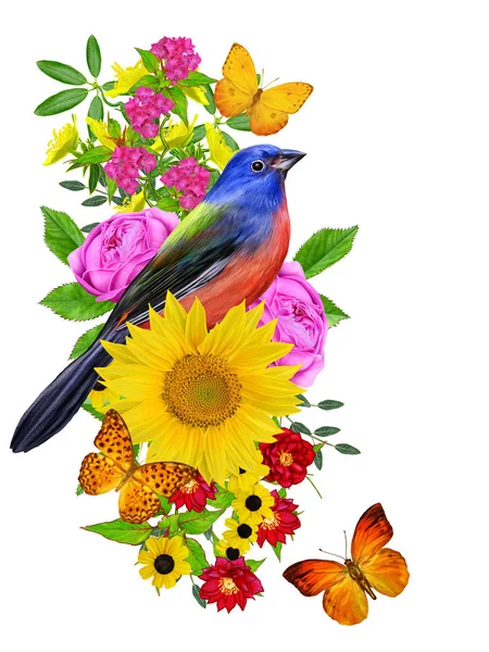 Ptak Siedzi Gałęzi Jasne Czerwone Kwiaty Żółte Słoneczniki Zielonych Liści — Zdjęcie stockowe