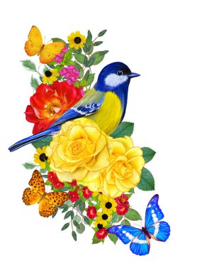 Baştankara kuş parlak kırmızı çiçekler, sarı gül, yeşil yaprakları, güzel kelebekler bir kolu üzerinde oturur. Beyaz arka plan üzerinde izole. Çiçek kompozisyon.