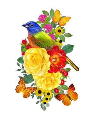 Baştankara kuş parlak kırmızı çiçekler, sarı gül, yeşil yaprakları, güzel kelebekler bir kolu üzerinde oturur. Beyaz arka plan üzerinde izole. Çiçek kompozisyon.