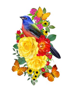 Baştankara kuş parlak kırmızı çiçekler, sarı gül, yeşil yaprakları, güzel kelebekler bir kolu üzerinde oturur. Beyaz arka plan üzerinde izole. Çiçek kompozisyon.