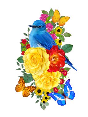 Baştankara kuş parlak kırmızı çiçekler, sarı gül, yeşil yaprakları, güzel kelebekler bir kolu üzerinde oturur. Beyaz arka plan üzerinde izole. Çiçek kompozisyon.