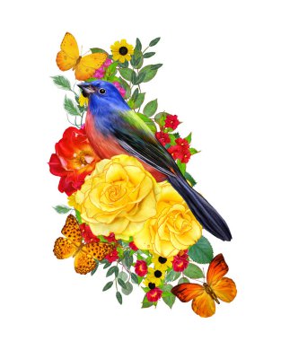 Baştankara kuş parlak kırmızı çiçekler, sarı gül, yeşil yaprakları, güzel kelebekler bir kolu üzerinde oturur. Beyaz arka plan üzerinde izole. Çiçek kompozisyon.