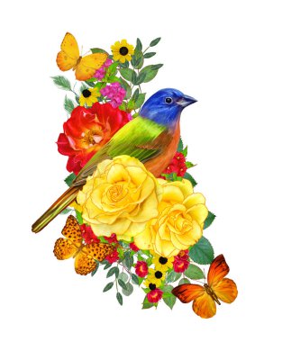 Baştankara kuş parlak kırmızı çiçekler, sarı gül, yeşil yaprakları, güzel kelebekler bir kolu üzerinde oturur. Beyaz arka plan üzerinde izole. Çiçek kompozisyon.