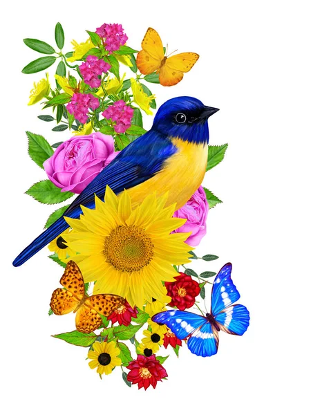 Vogel Zit Een Tak Van Heldere Rode Bloemen Gele Zonnebloemen — Stockfoto