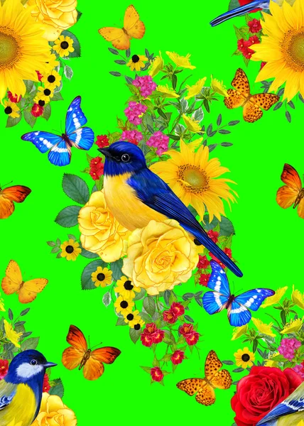 Seamless floral pattern. blue bird sits on a branch of bright red flowers, yellow roses, green leaves, beautiful butterflies.