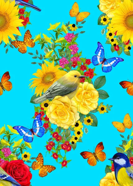 シームレスな花柄 明るい赤の花 黄色のバラ 緑の葉 美しい蝶の枝に座っている青い鳥 — ストック写真