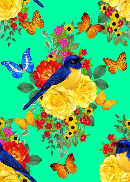 无缝的花卉图案 蓝鸟坐在一枝鲜艳的红花上 黄玫瑰 美丽的蝴蝶 — 图库照片