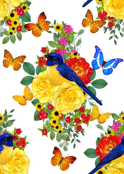 无缝的花卉图案 蓝鸟坐在一枝鲜艳的红花上 黄玫瑰 美丽的蝴蝶 — 图库照片