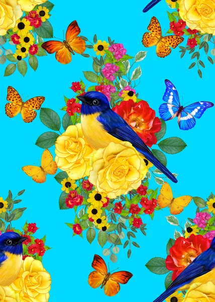 Květinový Vzor Bezešvé Modrý Pták Sedí Větvi Jasně Červené Květy — Stock fotografie