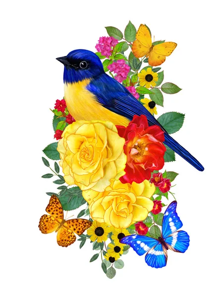 Tit Bird Sits Branch Bright Red Flowers Yellow Roses Green — Stock Photo, Image