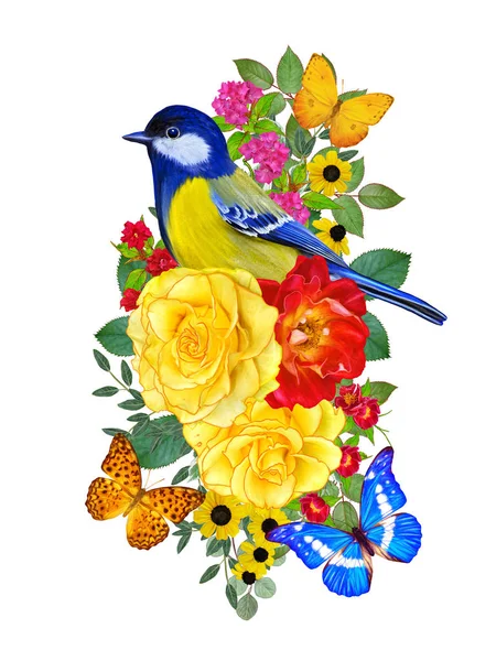 Tit Bird Sits Branch Bright Red Flowers Yellow Roses Green — Zdjęcie stockowe