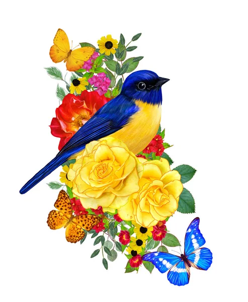 Tit Bird Sits Branch Bright Red Flowers Yellow Roses Green — Zdjęcie stockowe