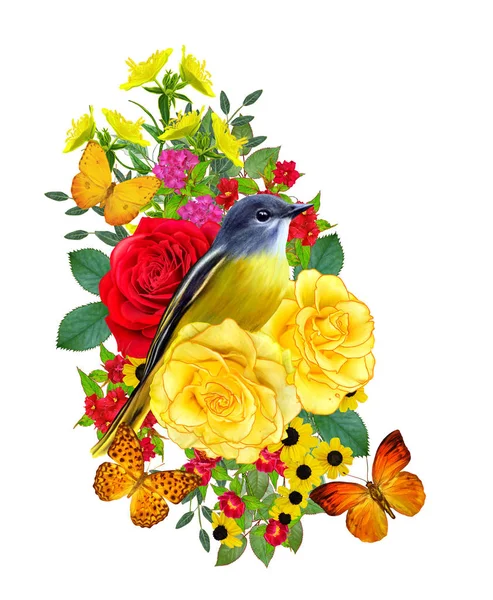 Tit Bird Sits Branch Bright Red Flowers Yellow Roses Green — Zdjęcie stockowe