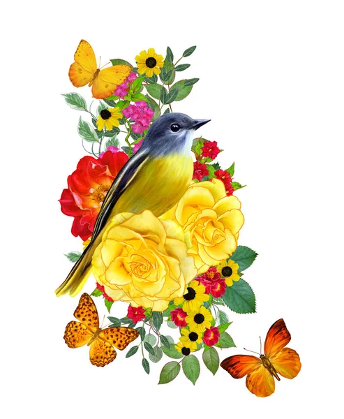 Pájaro Sienta Una Rama Flores Color Rojo Brillante Rosas Amarillas — Foto de Stock