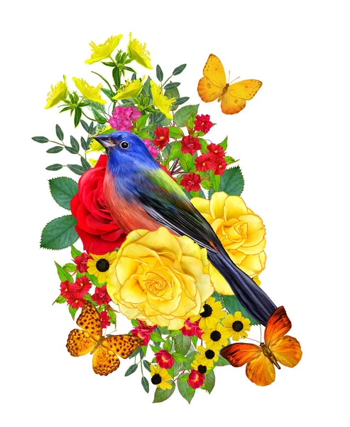 Tit Bird Sits Branch Bright Red Flowers Yellow Roses Green — Stockfoto