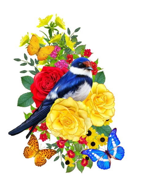 Tit Bird Sits Branch Bright Red Flowers Yellow Roses Green — Stockfoto