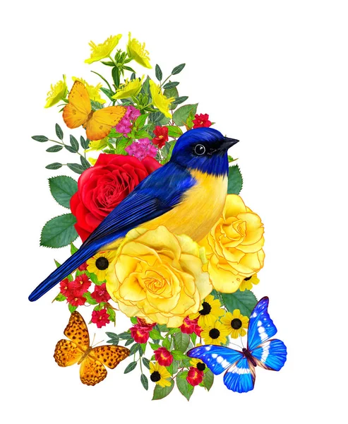 Tit Bird Sits Branch Bright Red Flowers Yellow Roses Green — Stockfoto