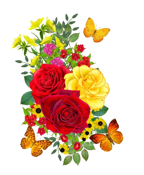Composición Floral Ramo Rosas Amarillas Rojas Carmesí Flores Brillantes Hojas — Foto de Stock