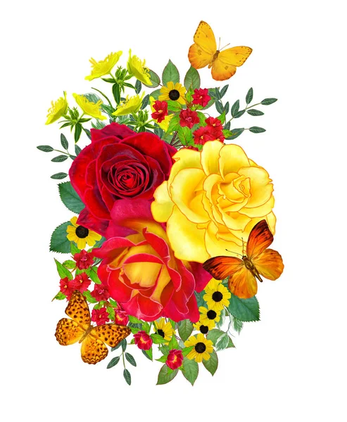 Virág Kompozíció Egy Csokor Sárga Piros Bíbor Rózsa Fényes Kis — Stock Fotó